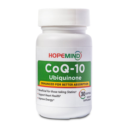 HopeMind CoQ10 (Ubiquinone) uniquely combines ubiquinone, vitamin E and beeswax to enhance absorption rate and bioavailability. CoQ-10 supplements can help with side effects from statins.