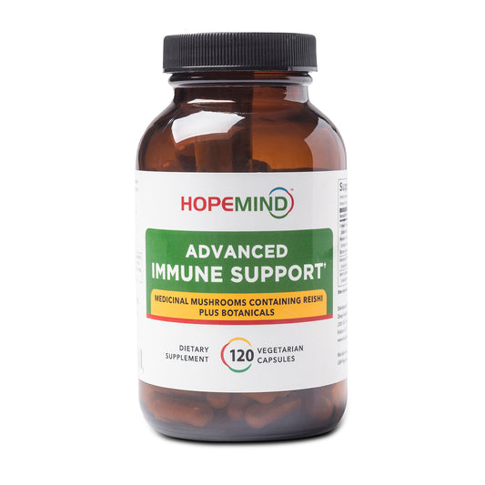 HopeMind Advanced Immune Support supplement features medicinal mushrooms containing reishi and botanicals.